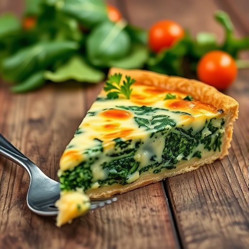 A slice of spinach and cheese quiche on a wooden table, garnished with parsley, with a fork beside it.